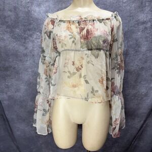 Y2K Fairy Floral Sheer Off Shoulder Babydoll Top Size S Bell Sleeves YK Clothing